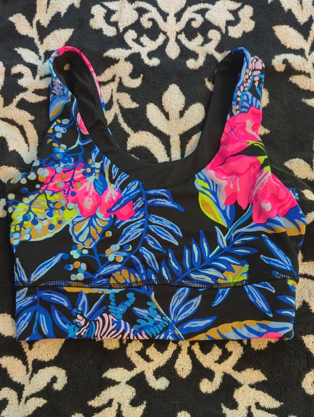 Lilly Pulitzer Floral Tropical Sports Bra in Black with Bright Pink & Blue S-XS